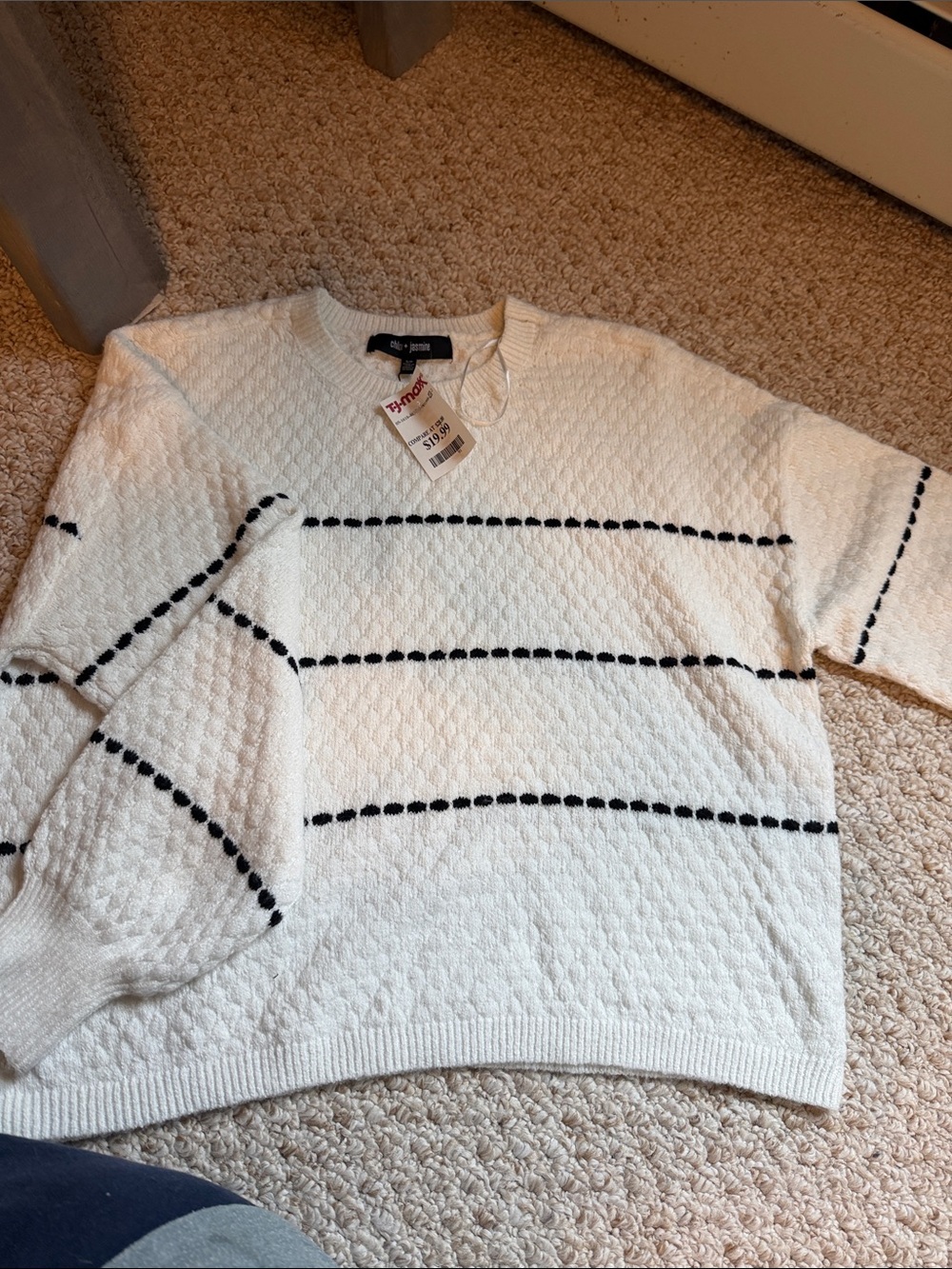 Chloe Cream Crewneck Sweater with Black Stripe Detailing